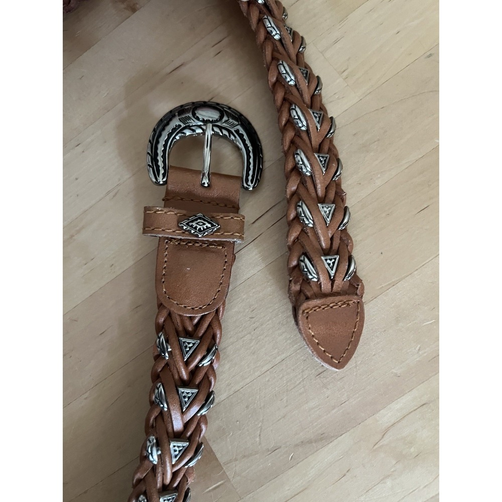 OMEGA Vtg Brown Braided Leather Western Concho Belt Silver Tone Buckle 32 Small - Picture 4 of 9